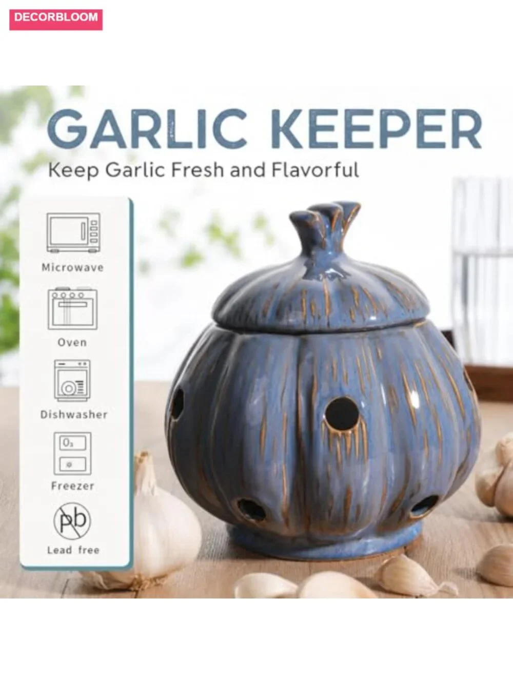 Ceramic Garlic Keeper Storage Jar with Lid, Large Kitchen Countertop Canister
